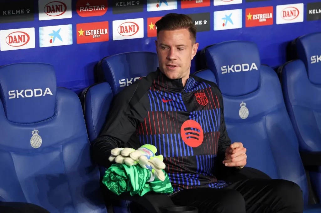 Marc-Andre ter Stegen sits on the bench during the match between RCD Espanyol and FC Barcelona, corresponding to week 36 of LaLiga EA Sports, at the RCDE Stadium in Barcelona, Spain, on May 15, 2025. (Photo by Joan Valls/Urbanandsport/NurPhoto) (Photo by Urbanandsport / NurPhoto via AFP)
