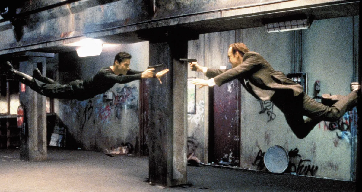 1999; The Matrix. Original Film Title: The Matrix, PICTURED: KEANU REEVES, HUGO WEAVING, Composer: Don Davis, Director: Larry Wachowski, IN CAST: Keanu Reeves, Laurence Fishburne, Carrie-Anne Moss, Joe Pantoliano, Hugo Weaving, Gloria Foster, Marcus Chong, Paul Goddard, Robert Taylor, Julian Arahanga, Matt Doran, Belinda Mcclory, Anthony Ray Parker
Mandatory Credit: Photo by ROADSHOW FILM LIMITED/ZUMA Press.
(©) Copyright 1999 by ROADSHOW FILM LIMITED.