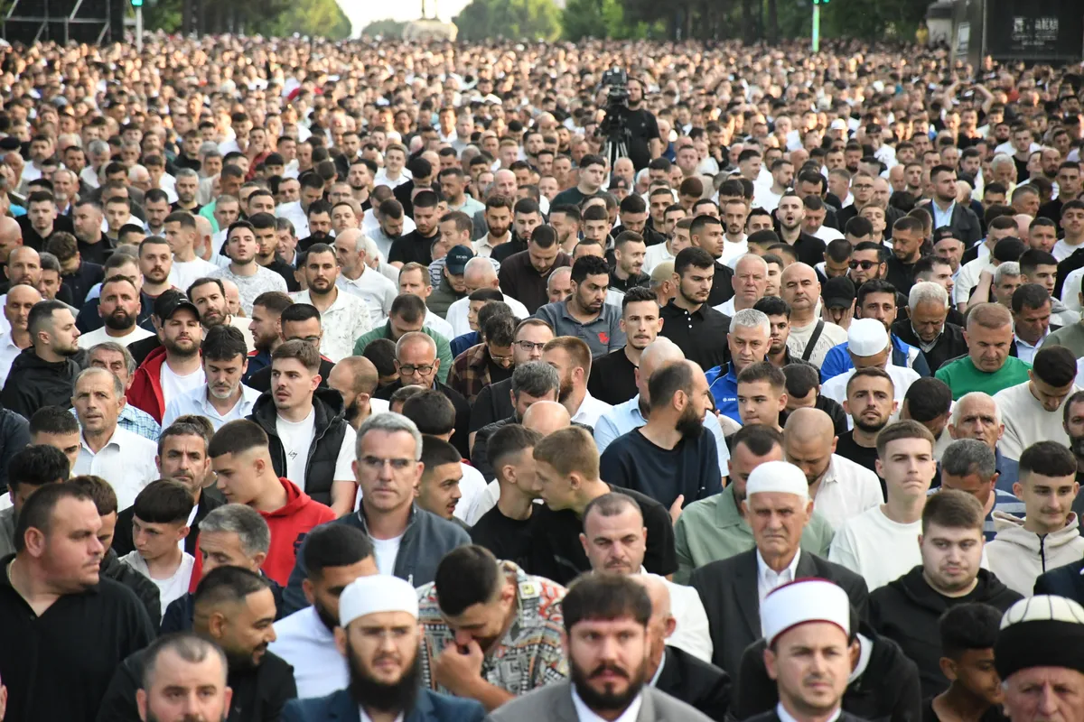TIRANA, ALBANIA - JUNE 6: Muslims perform Eid al-Adha prayer during a central celebration program at Martyrs of the Nation Boulevard in the capital Tirana, Albania on June 6, 2025. Thousands of Muslims attended the event, during which the Quran was recited and prayers were offered. Olsi Shehu / Anadolu (Photo by Olsi Shehu / Anadolu via AFP)
