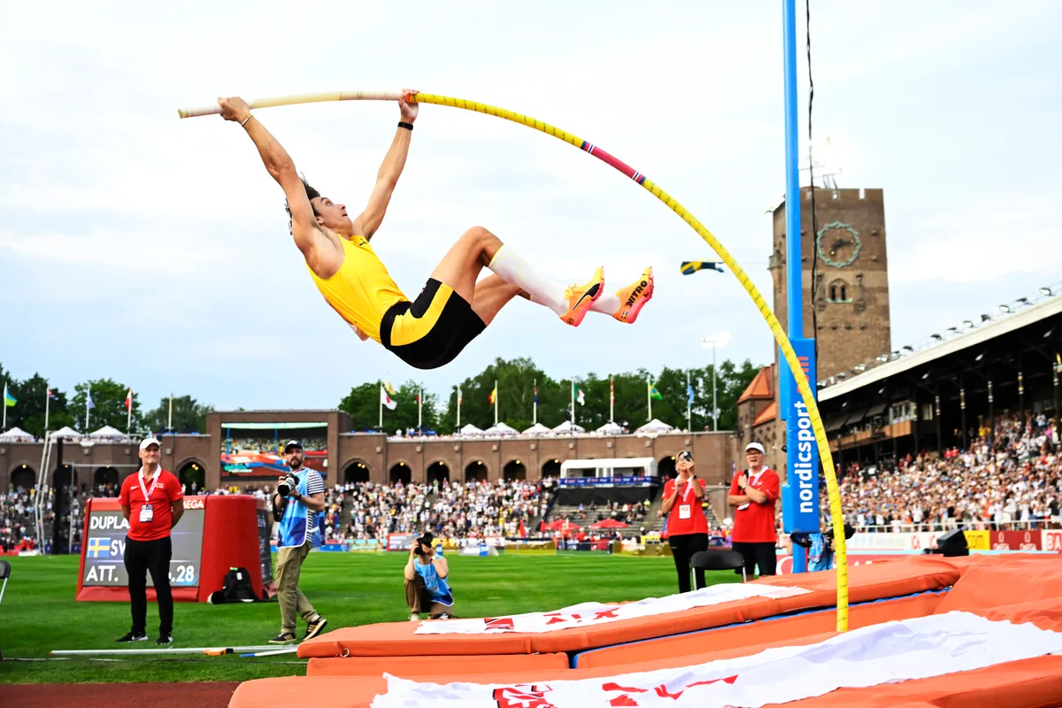 STOCKHOLM, SWEDEN 20250615
Armand Duplantis, Sweden,  setting a new world record, 6.28, in the men's pole vault during the Diamond League Bauhaus Athletics Gala at Stockholm Stadium, Sweden June 15, 2025. 
Photo: Fredrik Sandberg / TT / Code 10080 (Photo by FREDRIK SANDBERG / TT NYHETSBYRÅN / TT News Agency via AFP)