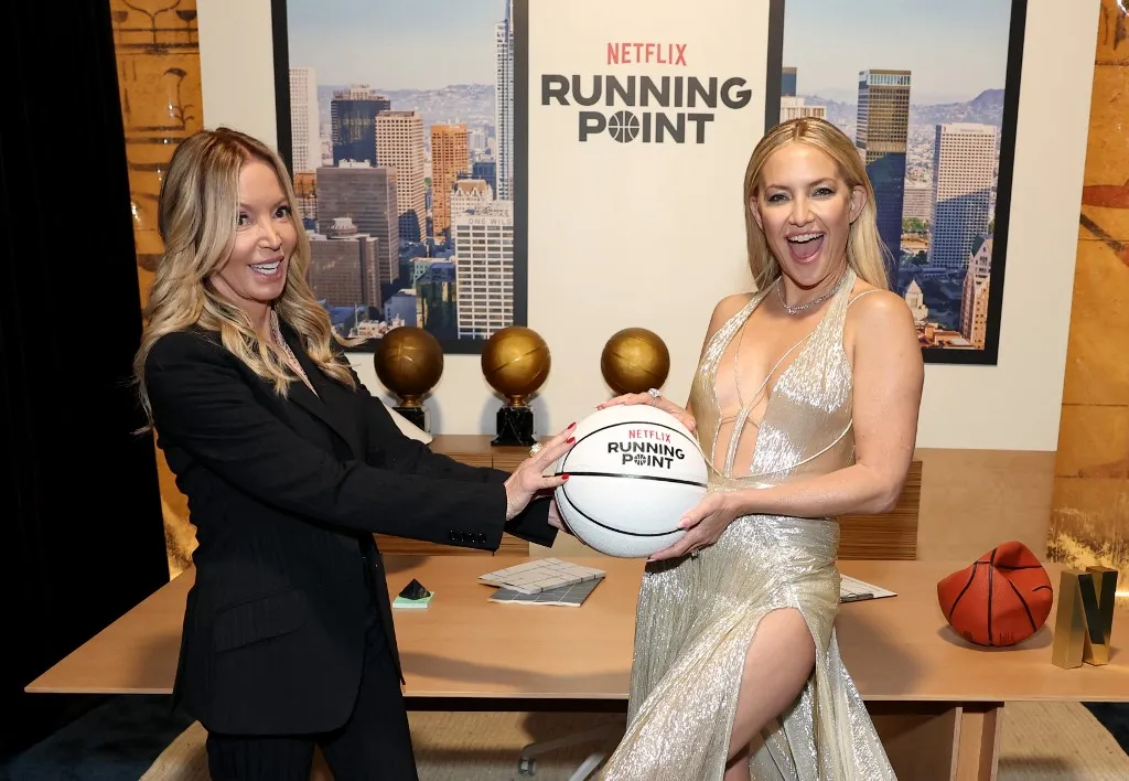 LOS ANGELES, CALIFORNIA - FEBRUARY 13: (L-R) Jeanie Buss and Kate Hudson attend Netflix's "Running Point" LA Premiere at The Egyptian Theatre Hollywood on February 13, 2025 in Los Angeles, California.   Matt Winkelmeyer/Getty Images for Netflix/AFP (Photo by Matt Winkelmeyer / GETTY IMAGES NORTH AMERICA / Getty Images via AFP)