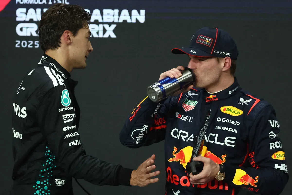 George Russell of Mercedes and Max Verstappen of Red Bull Racing after qualifying ahead of the Formula 1 Saudi Arabian Grand Prix at Jeddah Corniche Circuit in Jeddah, Saudi Arabia on April 19, 2025. (Photo by Jakub Porzycki/NurPhoto) (Photo by Jakub Porzycki / NurPhoto via AFP)