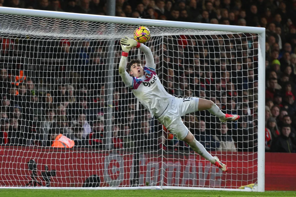 Kepa Arrizabalaga of Bournemouth makes a diving save during the Premier League match between Bournemouth and Nottingham Forest at the Vitality Stadium in Bournemouth, England, on January 25, 2025. (Photo by MI News/NurPhoto) (Photo by MI News / NurPhoto via AFP)