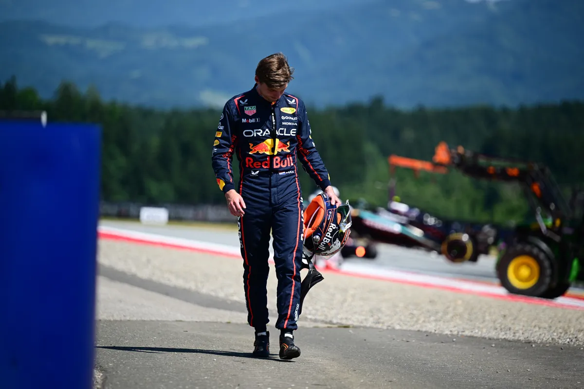 Max Verstappen of Red Bull Racing Honda walks after a crash during the race, the 12th round of the Formula 1 World Championship, in Red Bull Ring, Spielberg, Styria, Austria, on June 29, 2025. (Photo by Andrea Diodato/NurPhoto) (Photo by Andrea Diodato / NurPhoto via AFP)