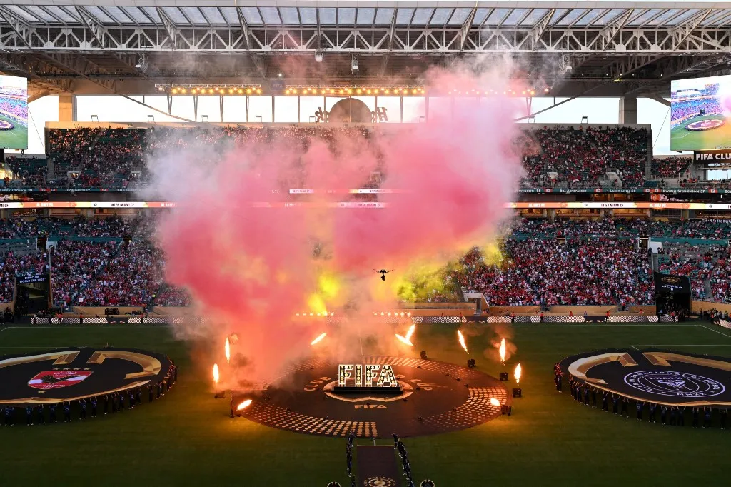 Teams prepare to appear for the Club World Cup 2025 Group A football match between Egypt's Al-Ahly and US Inter Miami at the Hard Rock stadium in Miami on June 14, 2025. (Photo by ROBERTO SCHMIDT / AFP)