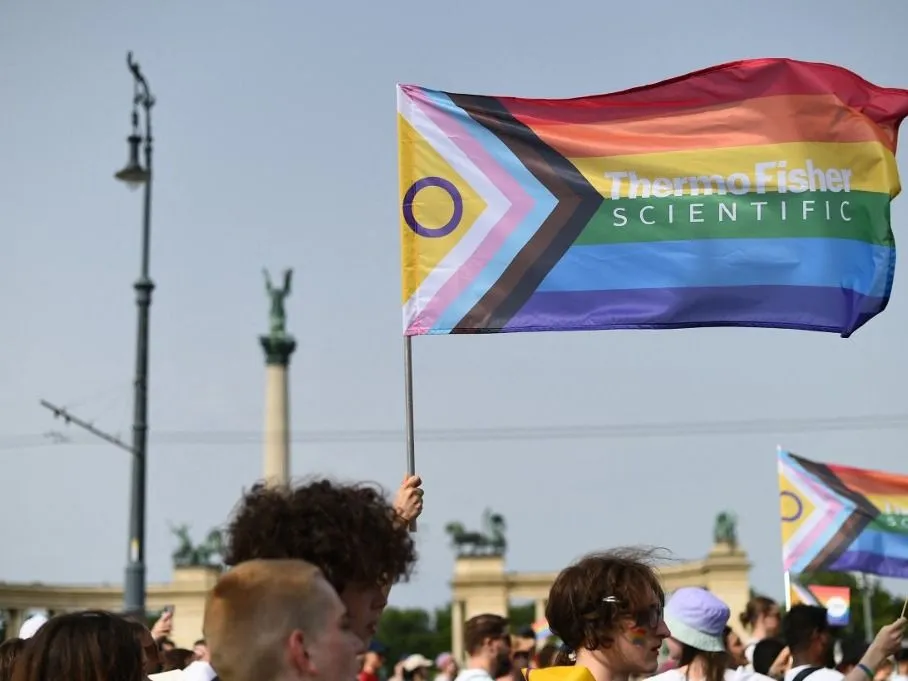 A pride flag is flying on Heroes Square during the annual Pride March in Budapest, Hungary, on June 22. (Photo by Balint Szentgallay/NurPhoto) (Photo by Balint Szentgallay / NurPhoto via AFP)