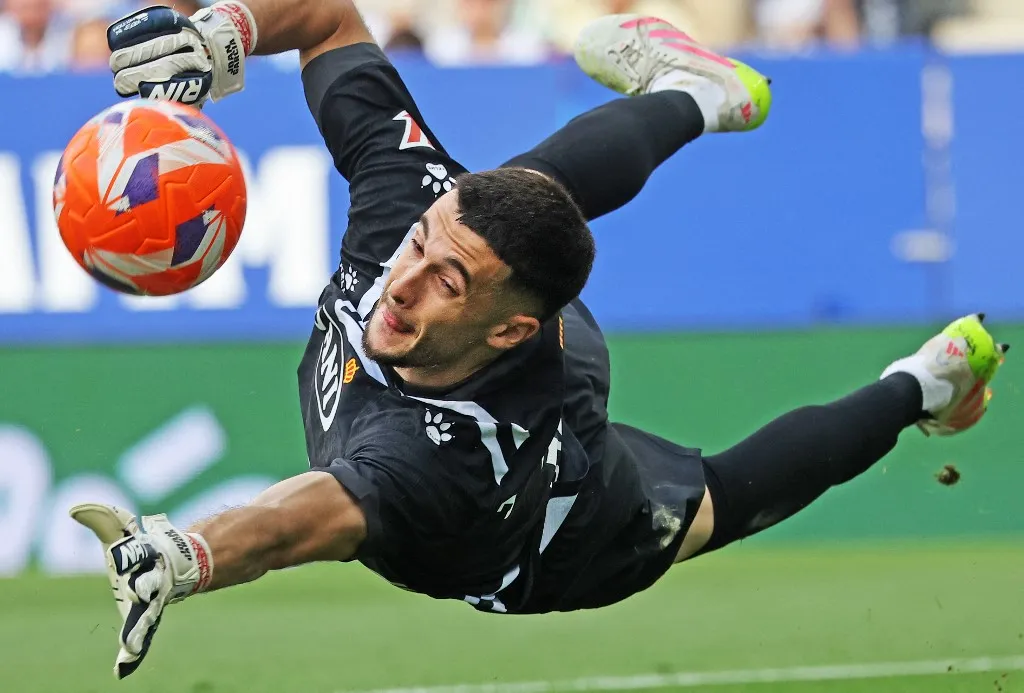 Barcelona Joan Garcia plays during the match between RCD Espanyol and UD Las Palmas, corresponding to week 38 of LaLiga EA Sports, at the RCDE Stadium in Barcelona, Spain, on May 24, 2025. (Photo by Joan Valls/Urbanandsport/NurPhoto) (Photo by Urbanandsport / NurPhoto via AFP)