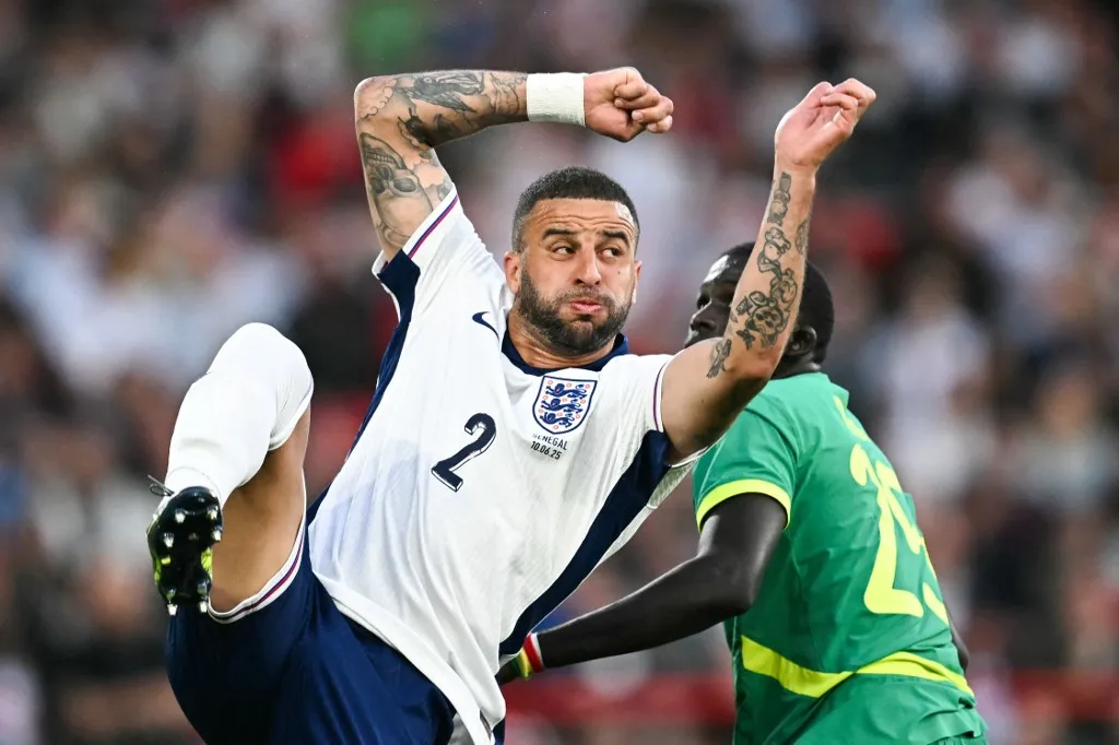 England's defender #02 Kyle Walker reacts during the international friendly football match between England and Senegal at the City Ground stadium, in Nottingham, on June 10, 2025. (Photo by Paul ELLIS / AFP) / NOT FOR MARKETING OR ADVERTISING USE / RESTRICTED TO EDITORIAL USE