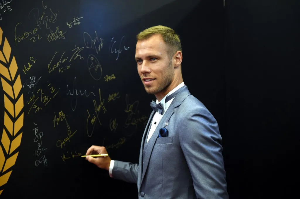 magyar válogatott Krisztian Vadocz of Kitchee SC poses as he arrives at the 2016/17 Hong Kong football star awards in Hong Kong, China, 17 May 2018. (Photo by Imaginechina via AFP)