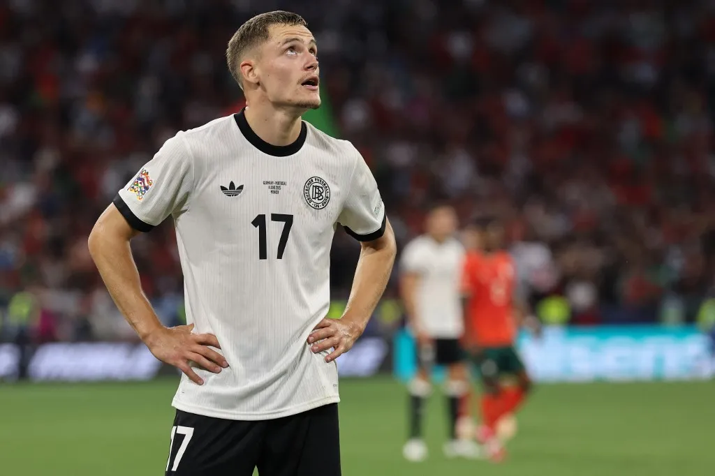 liverpool Germany's midfielder #17 Florian Wirtz reacts during the UEFA Nations League semi-final football match between Germany and Portugal in Munich, southern Germany on June 4, 2025. (Photo by Alexandra BEIER / AFP)
