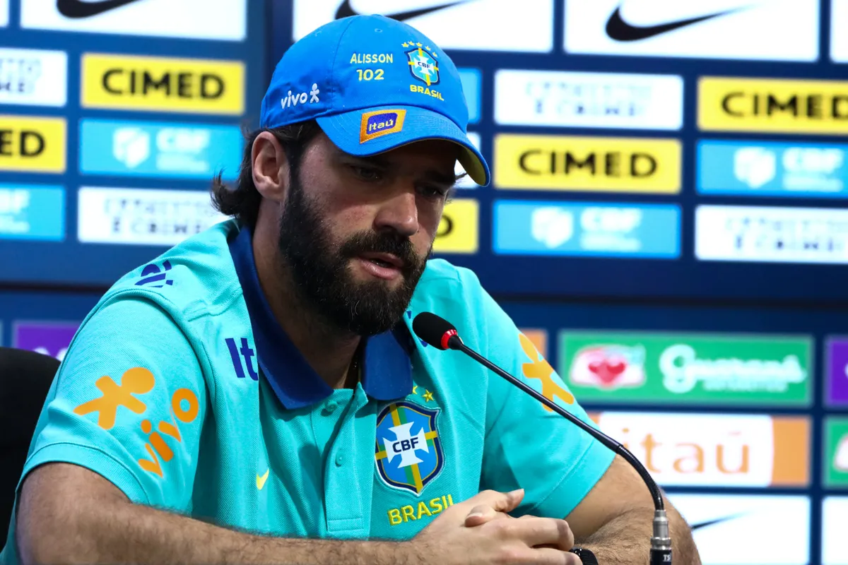 Alisson, goalkeeper for the Brazil national team, during a press conference at CT Joaquim Grava in the eastern zone of São Paulo, on Saturday, June 7, 2025. (Photo by Marina Uezima / Brazil Photo Press via AFP)