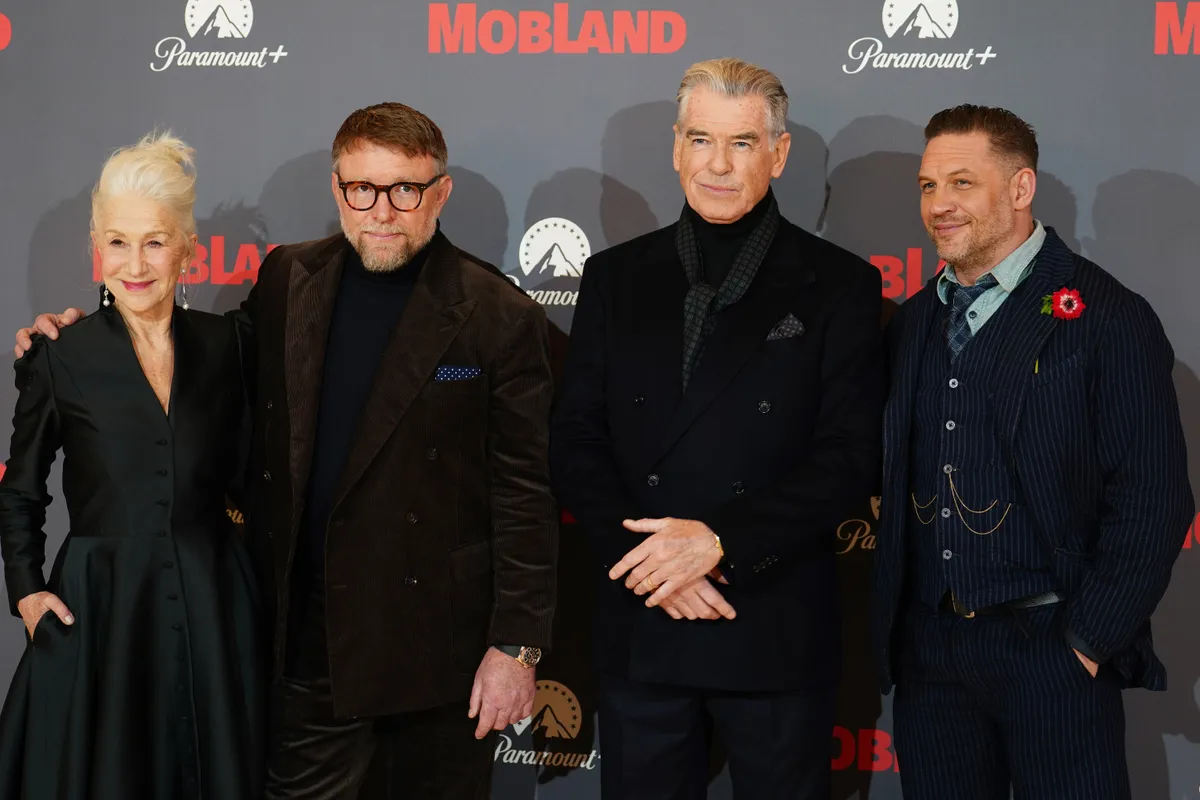 (left to right) Helen Mirren, Guy Ritchie, Pierce Brosnan, and Tom Hardy attend the UK premiere of MobLand at Odeon Luxe, Leicester Square, London. Picture date: Thursday March 27, 2025.