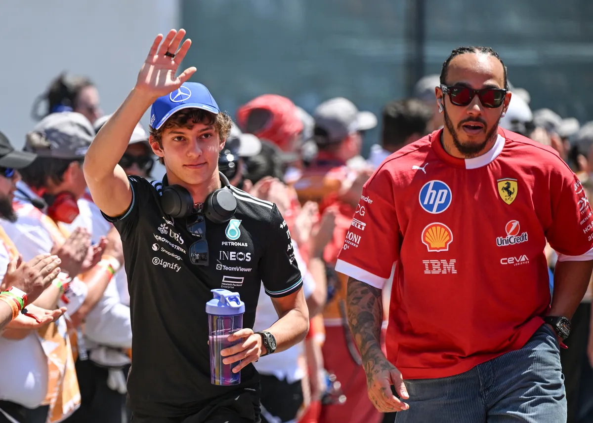 MONTREAL, CANADA JUNE 15: 
Lewis Hamilton of Great Britain and Scuderia Ferrari HP, alongside Andrea Kimi Antonelli of Italy and the Mercedes-AMG Petronas F1 Team, arrive for the drivers' parade ahead of the Formula 1 Canadian Grand Prix at Circuit Gilles-Villeneuve in Montreal, Quebec, Canada, on June 15, 2025. (Photo by Artur Widak/NurPhoto) (Photo by Artur Widak / NurPhoto via AFP)