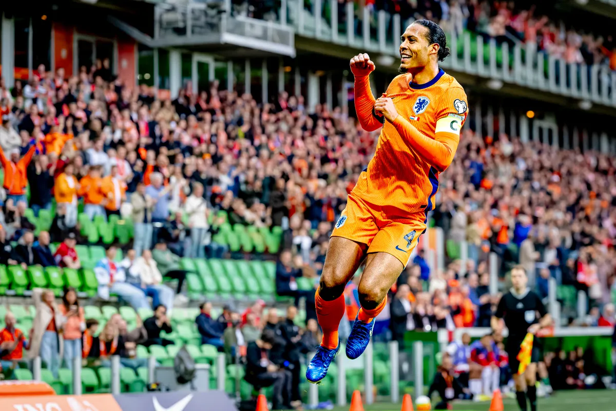 Netherlands defender Virgil van Dijk celebrates the goal during the match between the Netherlands and Malta at the Euroborg Stadium for the European Qualification Group G season 2025-2026 in Groningen, Netherlands, on June 10, 2025. (Photo by Marcel van Dorst / EYE4images) (Photo by Marcel van Dorst / NurPhoto via AFP)