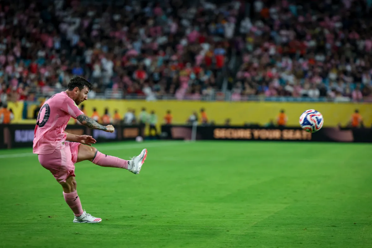 Lionel Messi #10 shooting a free kick during the opening game of the FIFA Club World Cup 2025 Opening match between Ahly FC vs Inter Miami CF at Hard Rock Stadium on June 14, 2025 in Miami Gardens, Florida (Photo by Mohamed Tageldin / Middle East Images via AFP)