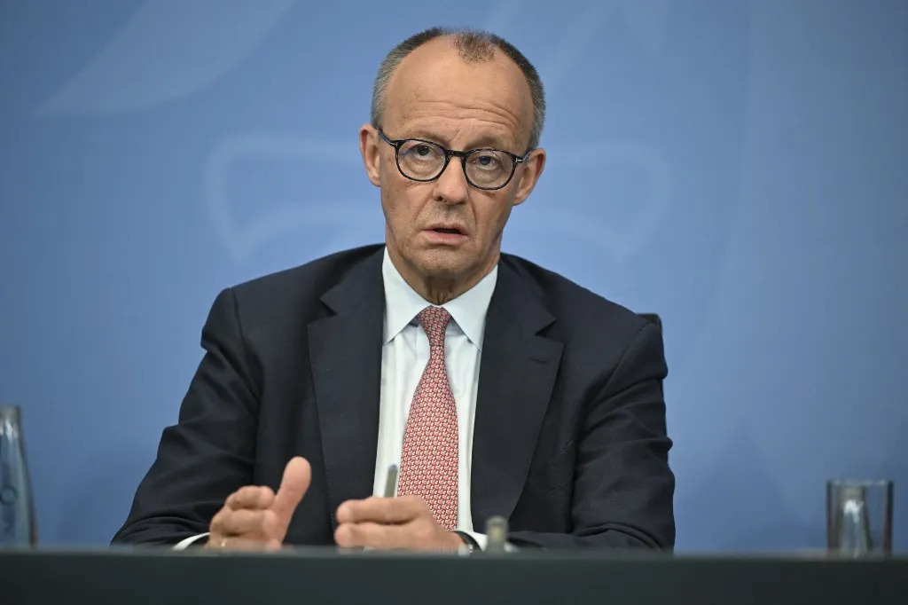 BERLIN, GERMANY - JUNE 18: German Chancellor Friedrich Merz holds a press conference after a meeting with Germany's heads of states in Berlin, Germany on June 18, 2025. Halil Sagirkaya / Anadolu (Photo by HALIL SAGIRKAYA / Anadolu via AFP)