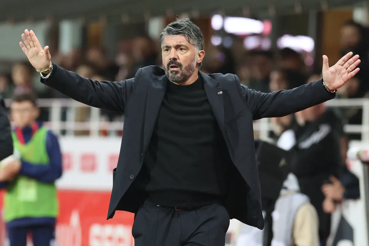 (FILES) Marseillle's Italian head coach Gennaro Gattuso reacts during the French L1 football match between Stade Brestois 29 (Brest) and Olympique de Marseille (OM) at the Francis-Le Ble stadium in Brest, western France, on February 18, 2024. Former Italy international Gennaro Gattuso has been appointed Italy coach to replace Luciano Spalletti, who was sacked after the Nazionale's 3-0 rout by Norway on June, 6 the Italian Football Federation (FIGC) announced on June 15, 2025. (Photo by FRED TANNEAU / AFP), olasz válogatott szövetségi kapitány