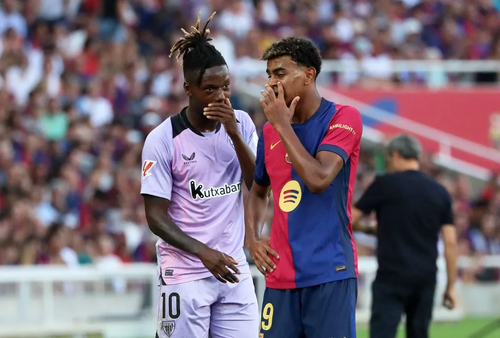 Lamine Yamal and Nico Williams play during the match between FC Barcelona and Athletic Club de Bilbao, corresponding to week 2 of LaLiga EA Sports, at the Lluis Companys Stadium, in Barcelona, Spain, on August 24, 2024. (Photo by Joan Valls/Urbanandsport/NurPhoto) (Photo by Urbanandsport / NurPhoto via AFP)