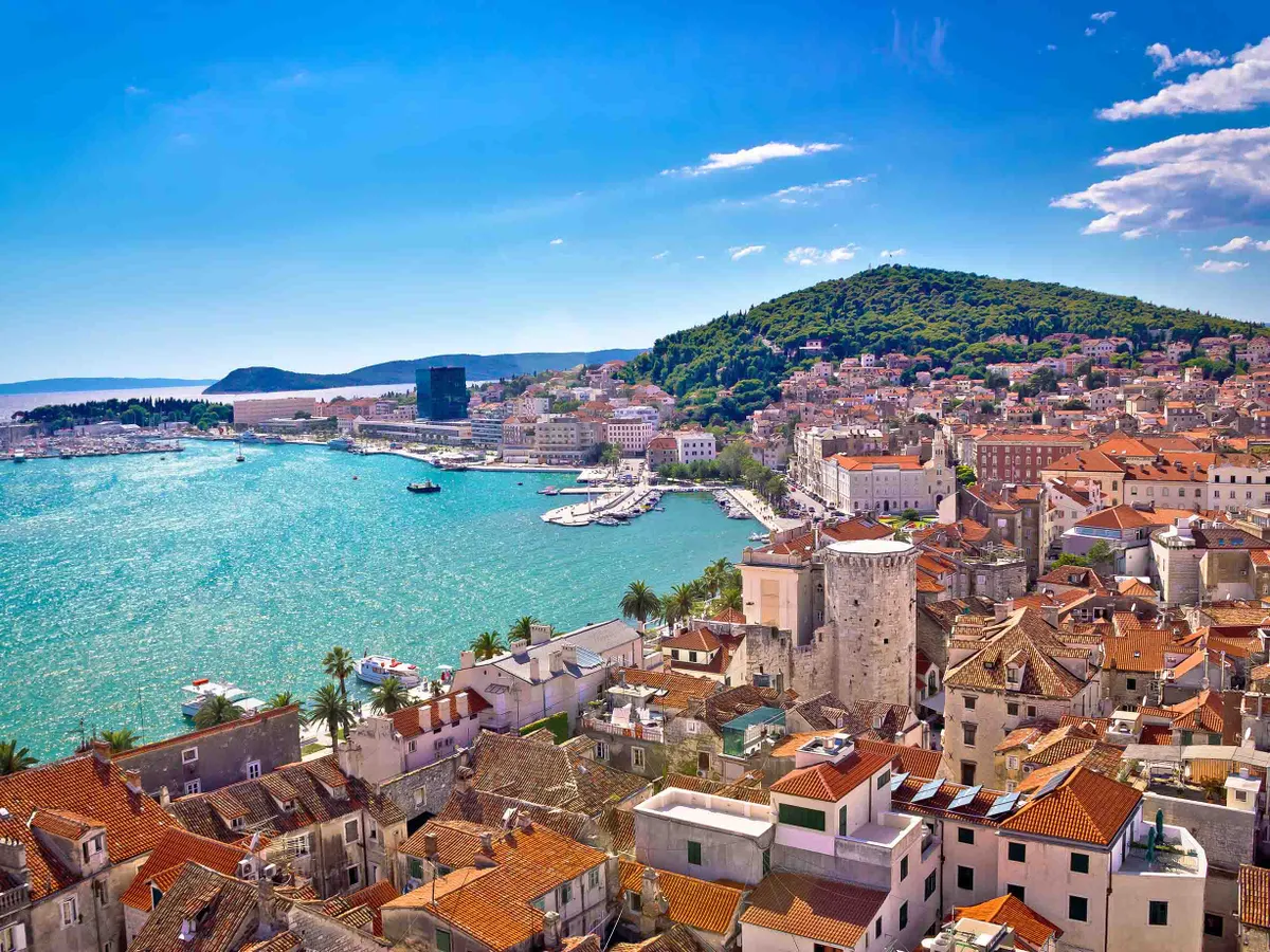 Split waterfront and Marjan hill aerial view, Dalmatia, Croatia