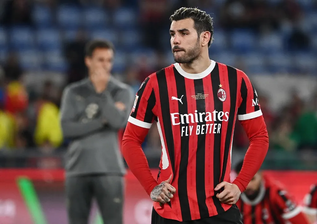 AC Milan's French defender #19 Theo Hernandez reacts at the end of the Italian Cup (Coppa Italia) final football match between AC Milan and Bologna at the Olympic stadium in Rome, on May 14, 2025. (Photo by Isabella BONOTTO / AFP)