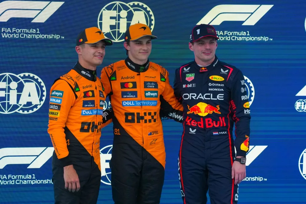 Max Verstappen, Oscar Piastri, and Lando Norris participate in the Formula 1 Aramco Gran Premio de Espana 2025 on May 30, 2025, at Circuit de Barcelona-Catalunya in Barcelona, Spain. (Photo by Alessio Morgese/NurPhoto) (Photo by Alessio Morgese / NurPhoto via AFP)