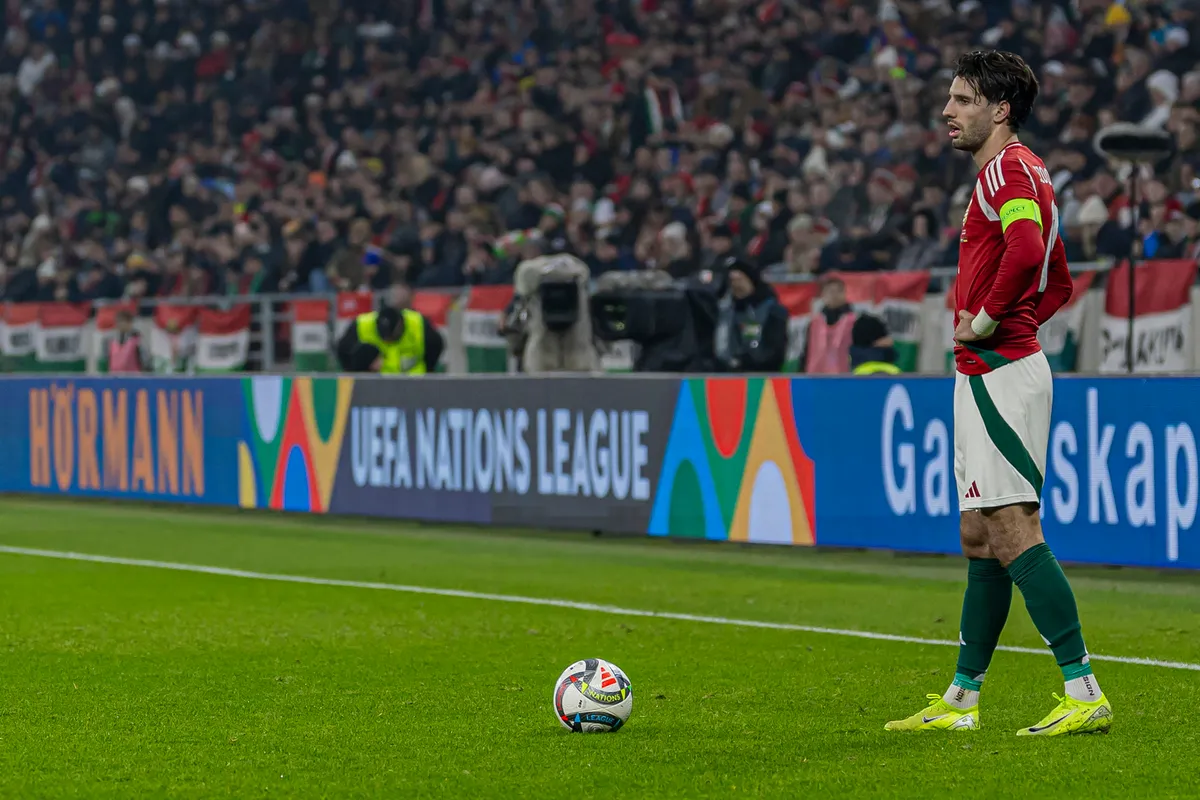 Szoboszlai, Dominik, Dominik Szoboszlai of Hungary participates in a UEFA Nations League Group match at Puskas Arena in Budapest, Hungary, on November 19, 2024. (Photo by Robert Szaniszlo/NurPhoto) (Photo by Robert Szaniszlo / NurPhoto via AFP)