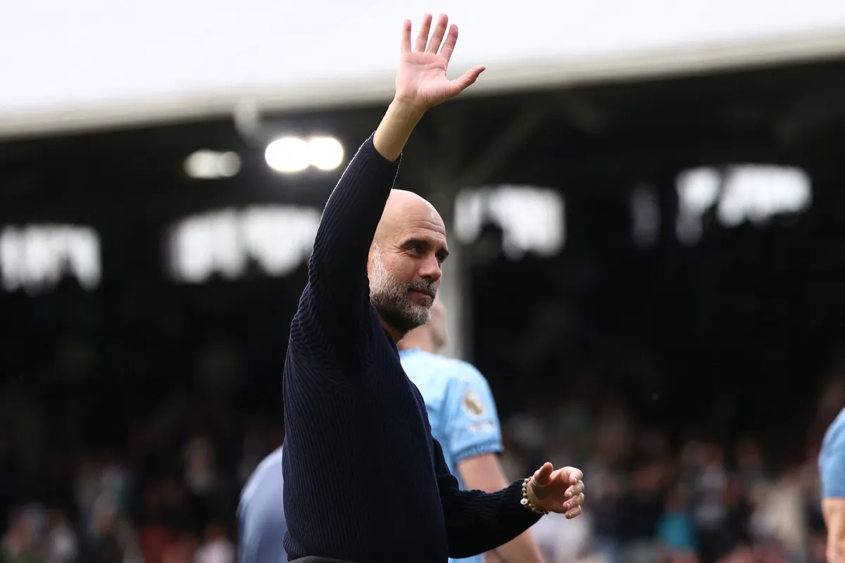 Manchester City's Spanish manager Pep Guardiola waves to the crowd after the English Premier League football match between Fulham and Manchester City at Craven Cottage in London on May 25, 2025. City won the game 2-0. (Photo by Anne-Christine POUJOULAT / AFP) / RESTRICTED TO EDITORIAL USE. No use with unauthorized audio, video, data, fixture lists, club/league logos or 'live' services. Online in-match use limited to 120 images. An additional 40 images may be used in extra time. No video emulation. Social media in-match use limited to 120 images. An additional 40 images may be used in extra time. No use in betting publications, games or single club/league/player publications. / 