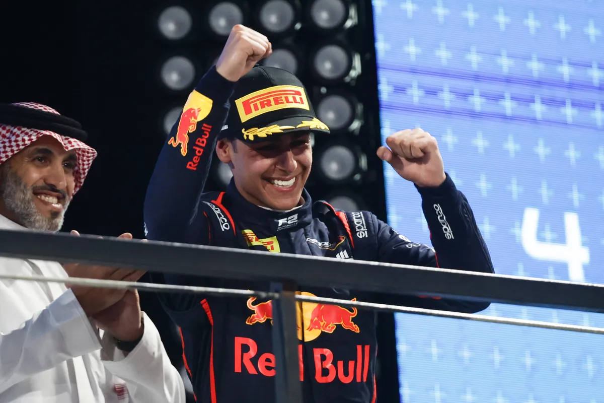 Red Bull, Arvid Lindblad after Formula 2 Sprint Race at Jeddah Corniche Circuit in Jeddah, Saudi Arabia on April 19, 2025. (Photo by Jakub Porzycki/NurPhoto) (Photo by Jakub Porzycki / NurPhoto via AFP)