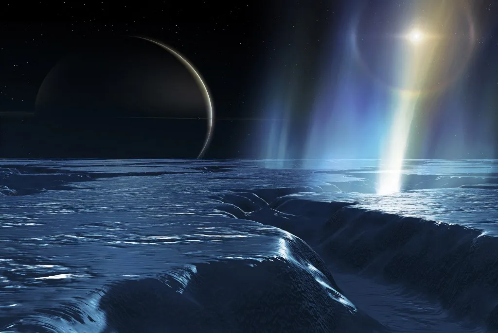 élet Water plumes on Enceladus, illustration. Enceladus is a mid-sized satellite of Saturn, about 500 km across, known since 1789. It is only one-tenth the size of the largest Saturnian moon, Titan. In 2005, the Cassini spacecraft discovered that this relatively small world is, surprisingly, geologically active. Geyser-like jets of water were seen venting from the moon's south-polar surface ices, vented by a process called cryovolcanism ('cold volcanism'). Another satellite, Mimas, is seen on Saturn's ring plane. (Photo by MARK GARLICK/SCIENCE PHOTO LIBRA / MGA / Science Photo Library via AFP)