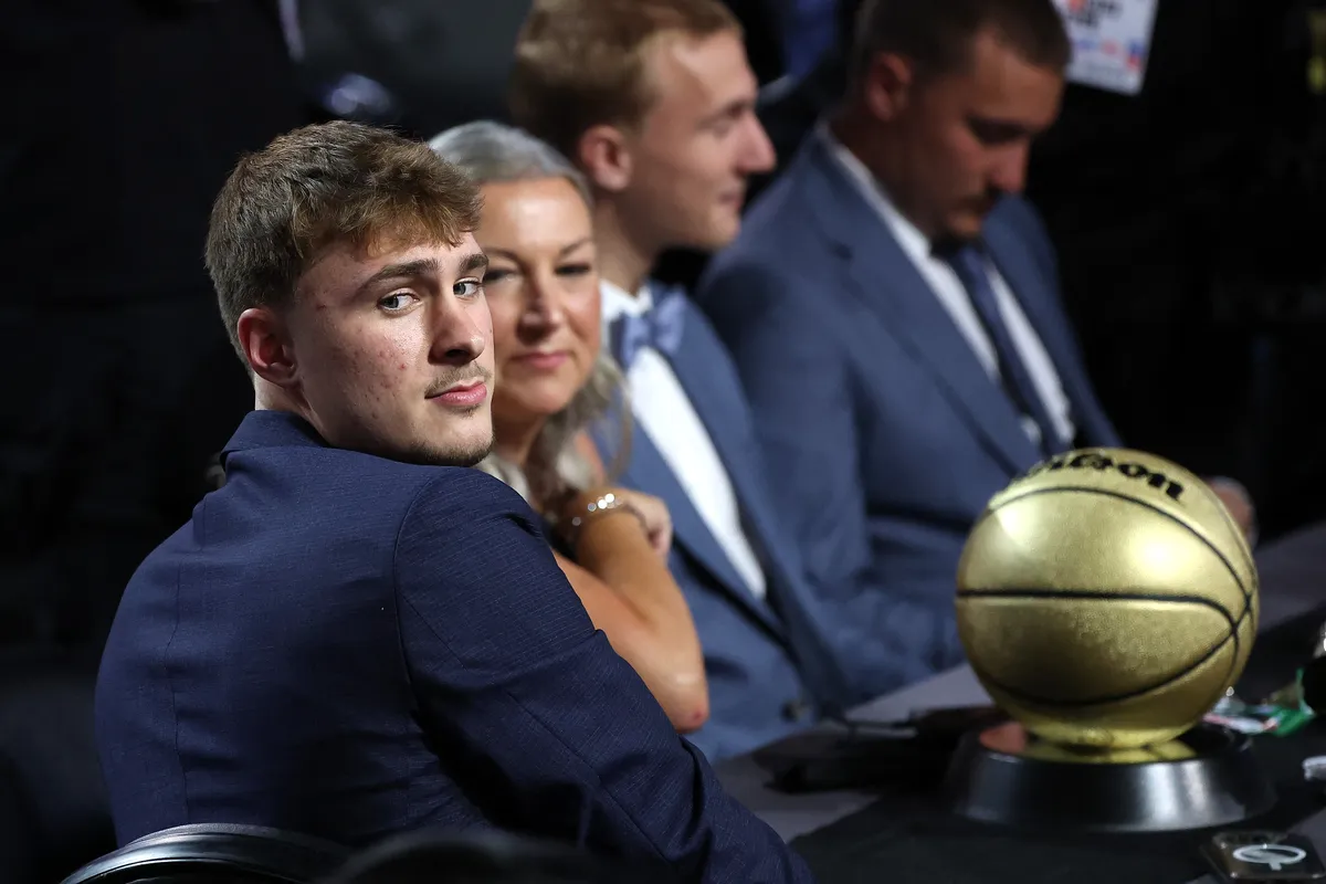NEW YORK, NEW YORK - JUNE 25: Cooper Flagg looks on during the first round of the 2025 NBA Draft at Barclays Center on June 25, 2025 in the Brooklyn borough of New York City. NOTE TO USER: User expressly acknowledges and agrees that, by downloading and/or using this photograph, user is consenting to the terms and conditions of the Getty Images License Agreement. Sarah Stier/Getty Images/AFP (Photo by Sarah Stier / GETTY IMAGES NORTH AMERICA / Getty Images via AFP)