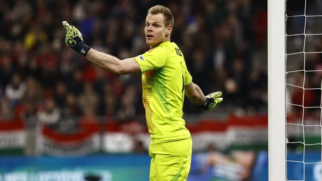BUDAPEST, HUNGARY - MARCH 23: Goalkeeper Dibusz Denes of Hungary reacts after a position during the UEFA Nations League A/B play-off second leg match between Hungary and Turkiye at Puskas Arena in Budapest, Hungary on March 23, 2025. Arpad Kurucz / Anadolu (Photo by Arpad Kurucz / ANADOLU / Anadolu via AFP)