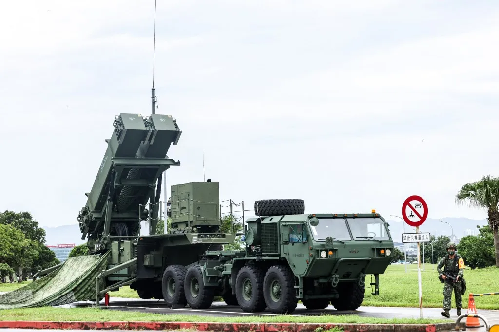 An Air Force Patriot missile system is deployed at a park in Taipei on July 11, 2025 on the fourth day of the Han Kuang military exercise. (Photo by I-Hwa Cheng / AFP)