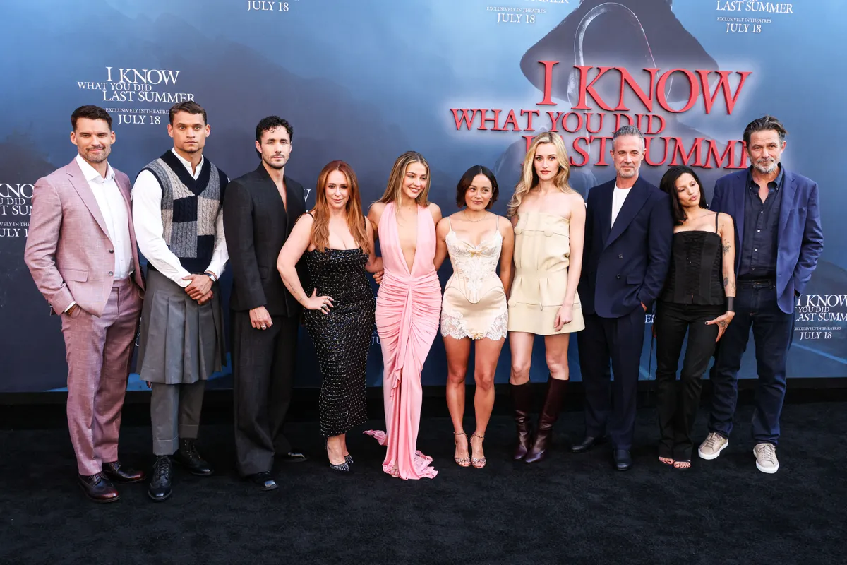American actor and director Austin Nichols, American actor Tyriq Withers, British-American actor Jonah Hauer-King, American actress, producer, and singer Jennifer Love Hewitt, American actress and model Madelyn Cline, American actress Chase Sui Wonders, American actress Sarah Pidgeon, American actor Freddie Prinze Jr., American model and musician Gabbriette (Gabriella Leigh Bechtel) and American film and television actor Billy Campbell arrive at the Los Angeles Premiere Of Columbia Pictures 'I Know What You Did Last Summer' held at The United Theater on Broadway at STILE Downtown Los Angeles by Kasa in Los Angeles, California, United States. (Photo by Xavier Collin/Image Press Agency/NurPhoto) (Photo by Image Press Agency / NurPhoto via AFP)