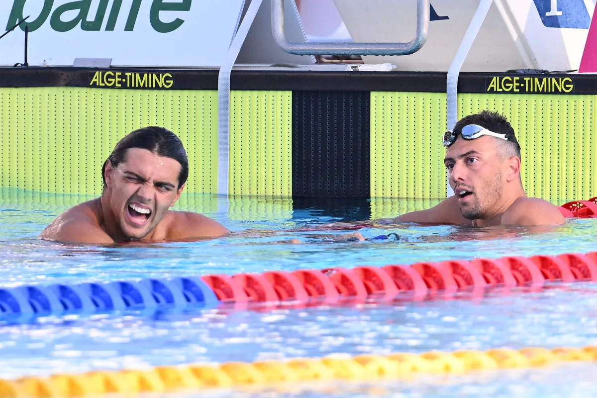 CECCON Thomas (ITA) and KOVACS Benedek (HUN) participate in Day 3 of the 61st Settecolli International Swimming at Foro Italico in Rome, Italy, on June 28, 2025. (Photo by Domenico Cippitelli/NurPhoto) (Photo by Domenico Cippitelli / NurPhoto via AFP)