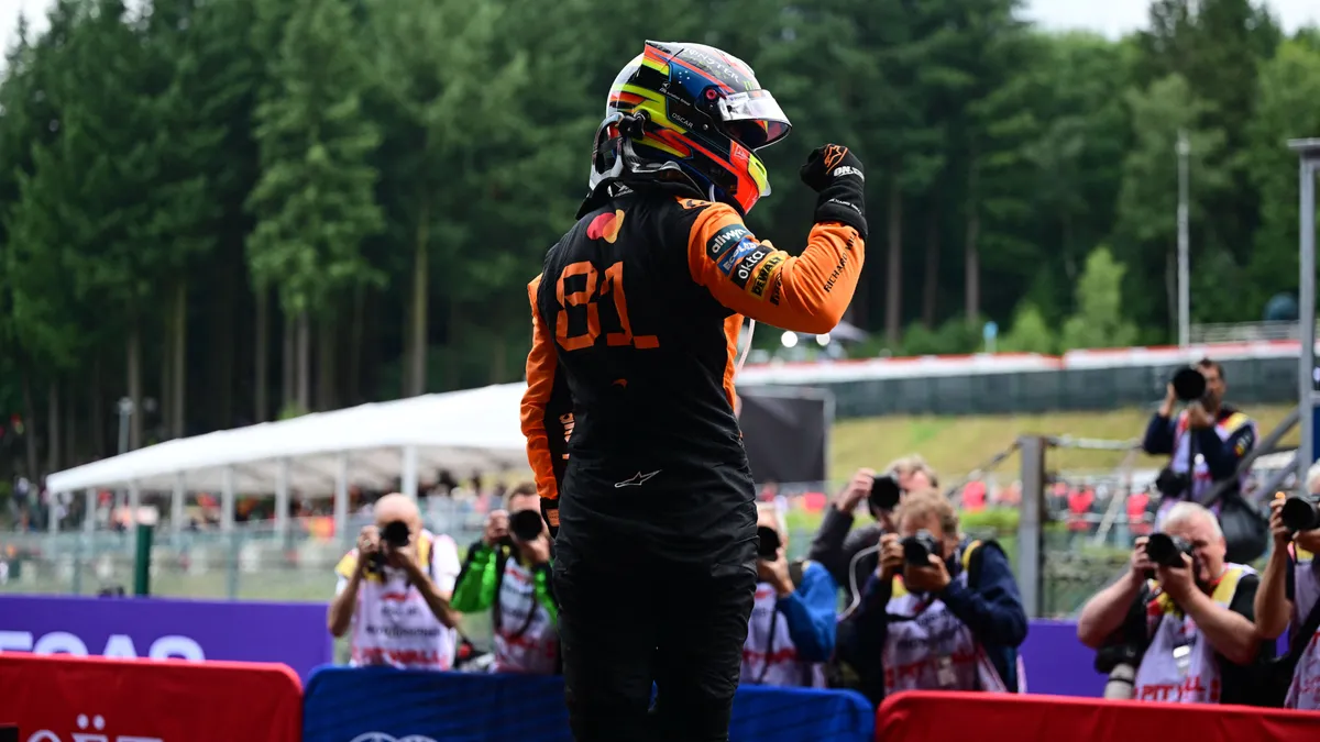 Oscar Piastri of the McLaren F1 Team celebrates on the podium during the race of the Belgian GP, the 15th round of the Formula 1 World Championship, at Spa-Francorchamps Circuit in Malmedy, Wallonia, Belgium, on July 27, 2025. (Photo by Andrea Diodato/NurPhoto) (Photo by Andrea Diodato / NurPhoto via AFP)