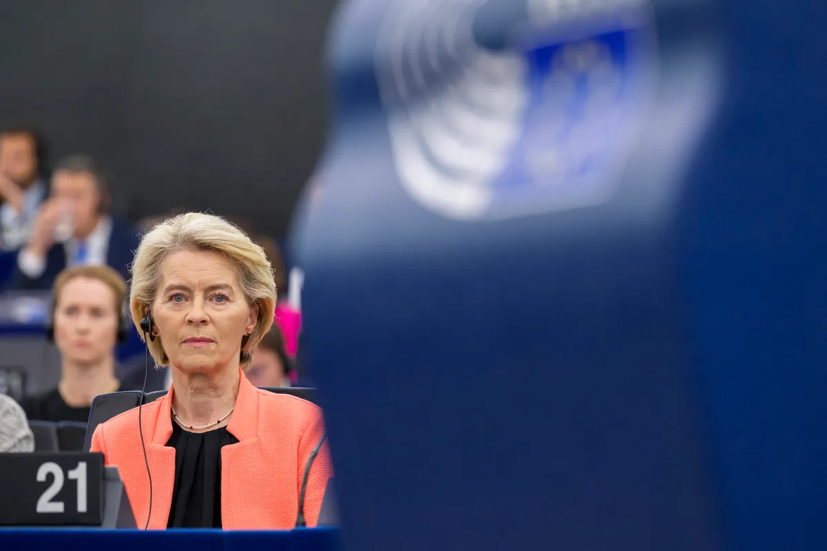 European Commission President Ursula von der Leyen listens during a plenary session at the European Parliament, where a motion of censure against the European Commission is debated, in Strasbourg on July 7, 2025. (Photo by Jean-Christophe Verhaegen / AFP)