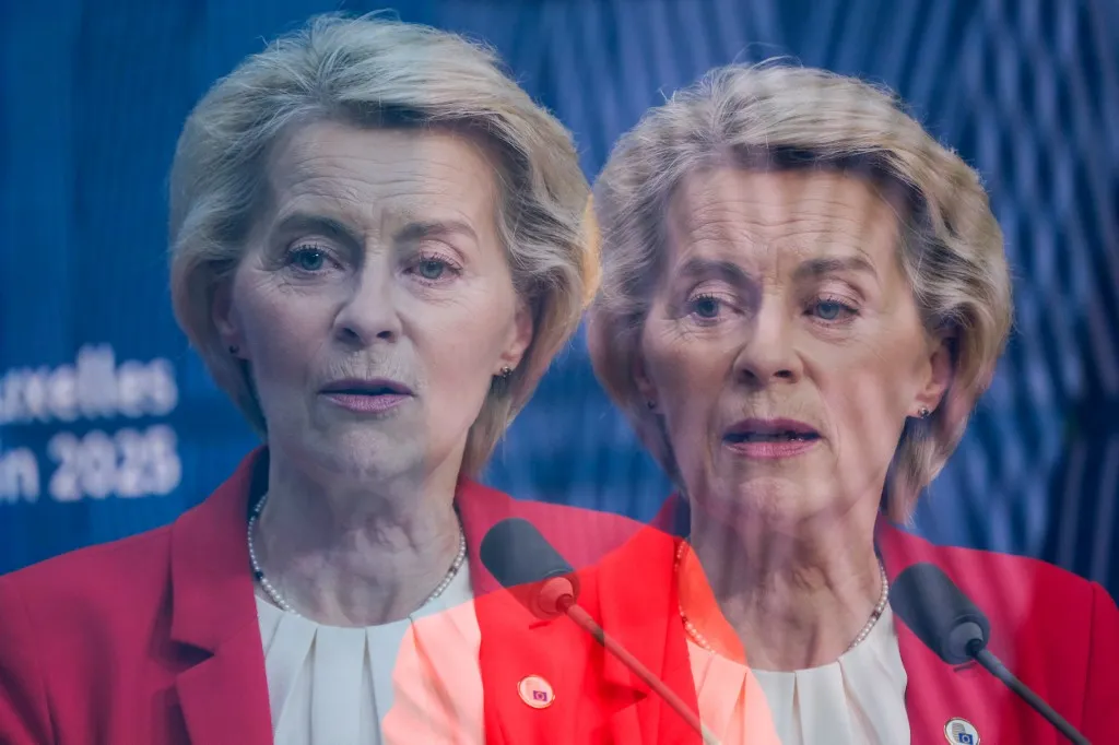 President of the European Commission URSULA VON DER LEYEN during the summit of Heads of State and Government of the European Union at the European Council in Brussels in Belgium the 26th of July 2025. European leaders discuss the geo-economic challenge and ongoing developments in Ukraine and the Middle East with Israel and Gaza as well as defence and security and migration. (Photo by Martin Bertrand / Hans Lucas via AFP)