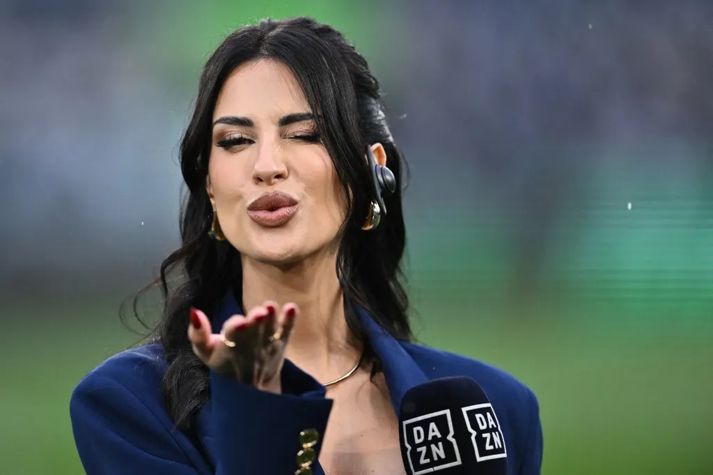 Eleonora Incardona of DAZN participates in the 32nd day of the Serie A Championship between S.S. Lazio and A.S. Roma at the Olympic Stadium in Rome, Italy, on April 13, 2025. (Photo by Domenico Cippitelli/NurPhoto) (Photo by Domenico Cippitelli / NurPhoto via AFP)