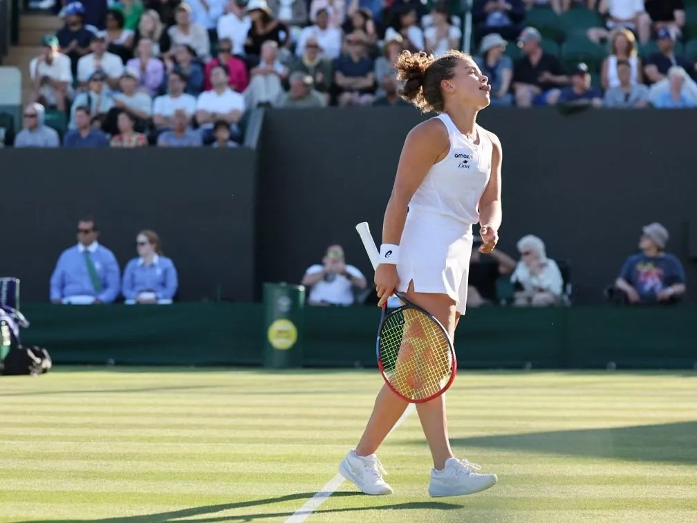 Wimbledon, Jasmine Paolini of Italy reacts as she plays against Kamilla Rakhimova of Russia during the women's singles second-round match on day three of the Wimbledon Championships at the All England Lawn Tennis and Croquet Club in London, on July 2, 2025. ( The Yomiuri Shimbun ) (Photo by Daisuke Urakami / The Yomiuri Shimbun via AFP)