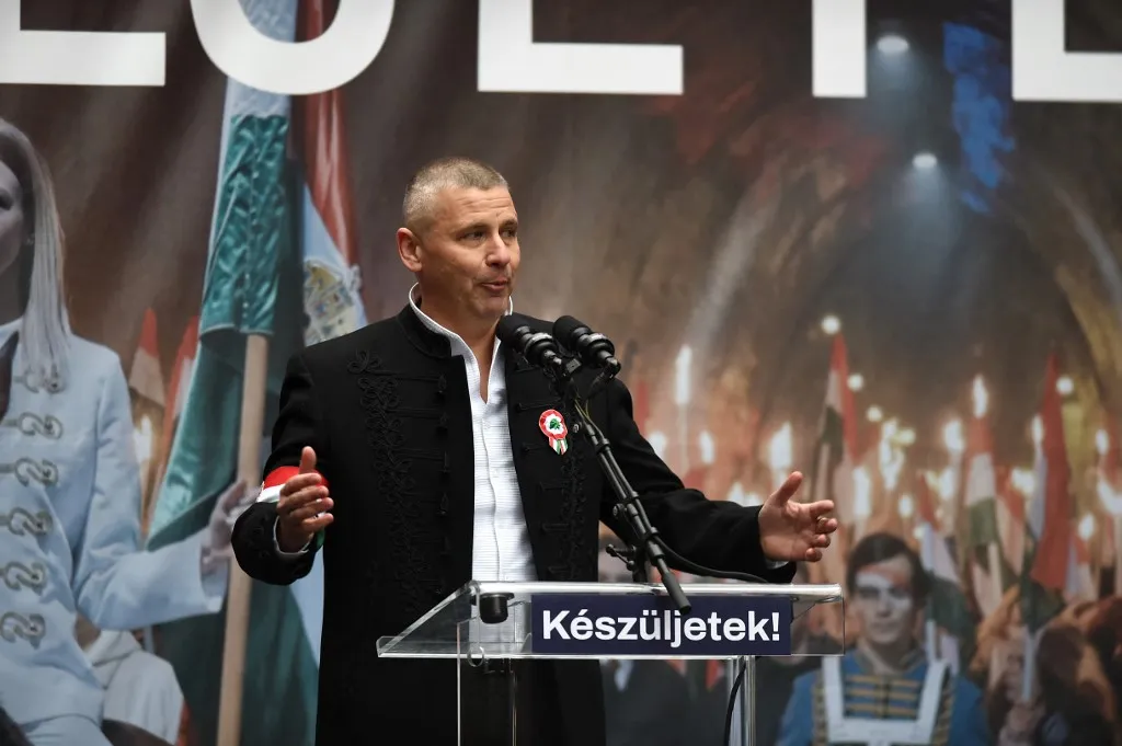 Romulusz Ruszin-Szendi, former chief of staff of the Hungarian Army, speaks at the memorial and protest held by the Tisza party on the anniversary of the 1848/49 Hungarian Revolution. (Photo by Balint Szentgallay/NurPhoto) (Photo by Balint Szentgallay / NurPhoto via AFP)