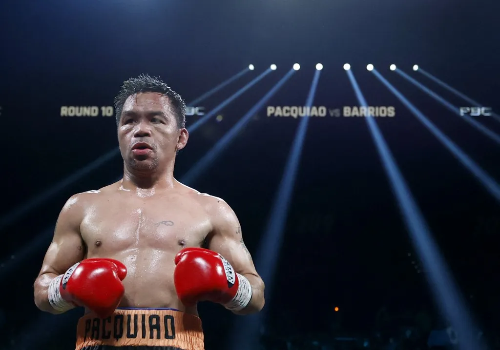 LAS VEGAS, NEVADA - JULY 19: Manny Pacquiao during his WBC welterweight title fight with Mario Barrios ending in a majority draw at MGM Grand Garden Arena on July 19, 2025 in Las Vegas, Nevada.   Harry How/Getty Images/AFP (Photo by Harry How / GETTY IMAGES NORTH AMERICA / Getty Images via AFP)