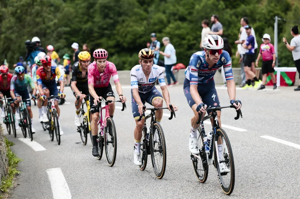 Belgian Remco Evenepoel of Soudal Quick-Step pictured in action during stage 14 of the 2025 Tour de France cycling race, from Pau to Luchon-Superbagneres (183 km), on Saturday 19 July 2025 in France. The 112th edition of the Tour de France starts on Saturday 5 July in Lille, France, and will finish in Paris, France on the 27th of July. BELGA PHOTO POOL LUCA BETTINI (Photo by POOL LUCA BETTINI / BELGA MAG / Belga via AFP)
