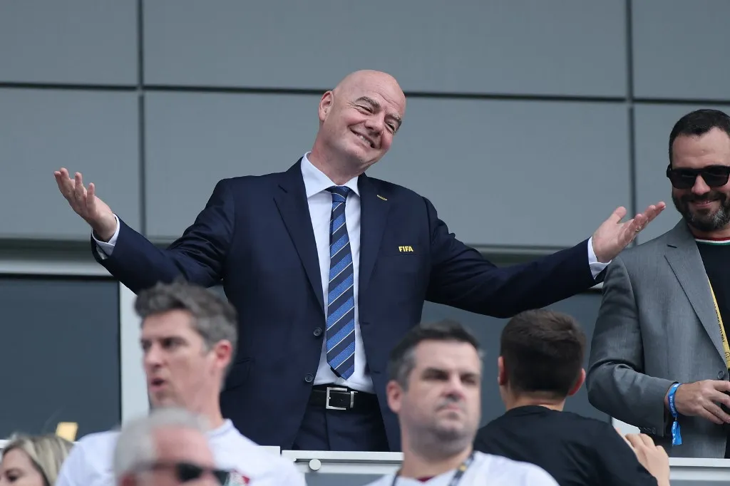 ORLANDO, FLORIDA - JULY 04: FIFA President Gianni Infantino reacts prior to the FIFA Club World Cup 2025 quarter final match between Fluminense FC and Al Hilal at Camping World Stadium on July 04, 2025 in Orlando, Florida.   Alex Grimm/Getty Images/AFP (Photo by ALEX GRIMM / GETTY IMAGES NORTH AMERICA / Getty Images via AFP)