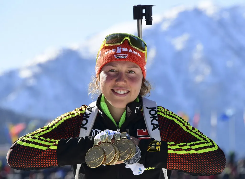 (FILES) Germany's Laura Dahlmeier poses with her six medals after winning the 2017 IBU World Championships Biathlon Women's 12,5 km Mass start race in Hochfilzen on February 19 , 2017. The former biathlon champion Dahlmeier died in the high mountains of Pakistan her agent said on July 30, 2025. A team of foreign climbers were on July 30, 2025 due to launch a rescue mission for German double biathlon champion Laura Dahlmeier, days after she was seriously injured by a rockfall on a Pakistani mountain.
The accident happened around midday on July 28, 2025 at an altitude of 5,700 metres on Laila Peak in the Karakoram range, according to a statement from her team on her official social media sites. (Photo by FRANCK FIFE / AFP)