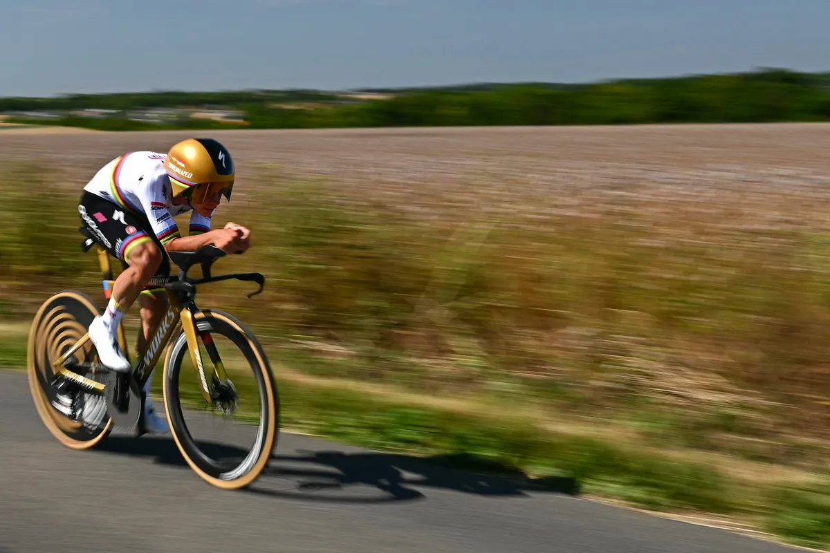 Soudal Quick-Step team's Belgian rider Remco Evenepoel cycles during the 5th stage of the 112th edition of the Tour de France cycling race, 33 km individual time trial starting and finishing in Caen, northwestern France, on July 9, 2025. (Photo by Loic VENANCE / AFP)