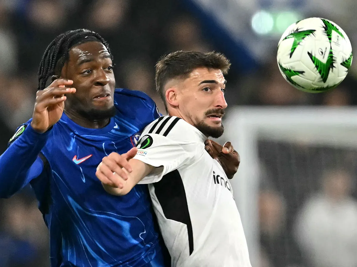Chelsea's French defender #02 Axel Disasi (L) vies with FC Noah's Portuguese striker #07 Helder Ferreira during the UEFA Europa Conference League, League Stage football match between Chelsea and FC Noah at Stamford Bridge in London on November 7, 2024. (Photo by Glyn KIRK / AFP)