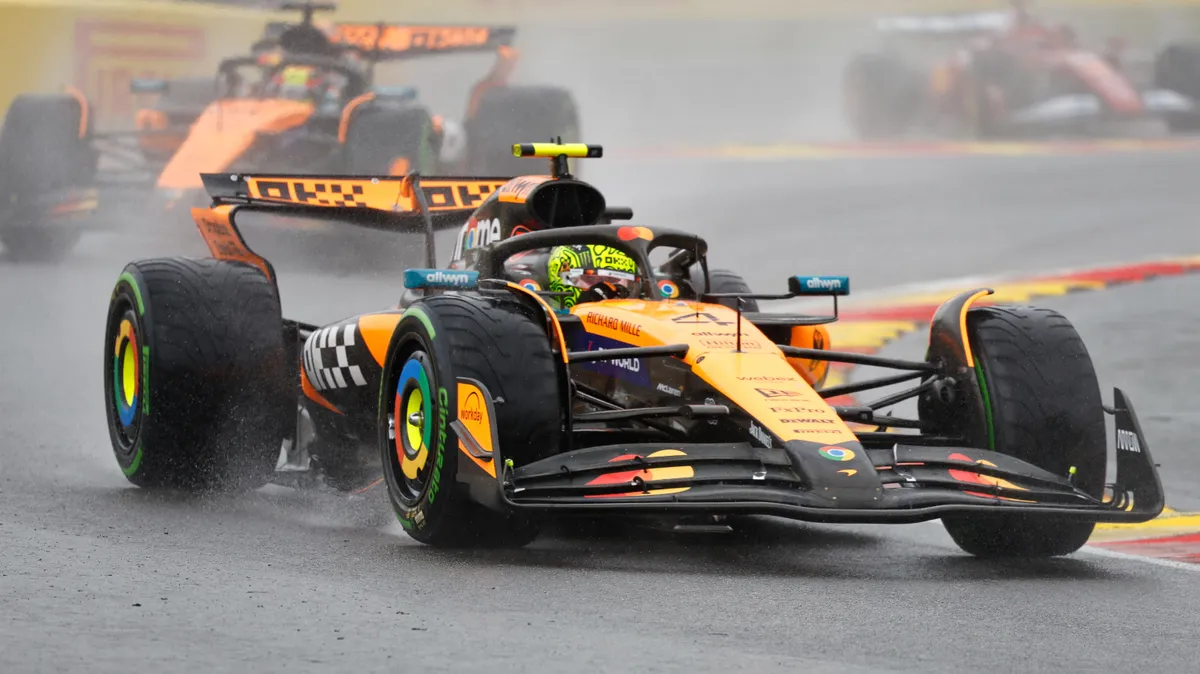 McLaren's British driver Lando Norris drives during the formation lap ahead of the start of the Formula One Belgian Grand Prix at the Spa-Francorchamps circuit in Spa, on July 27, 2025. (Photo by SIMON WOHLFAHRT / AFP)