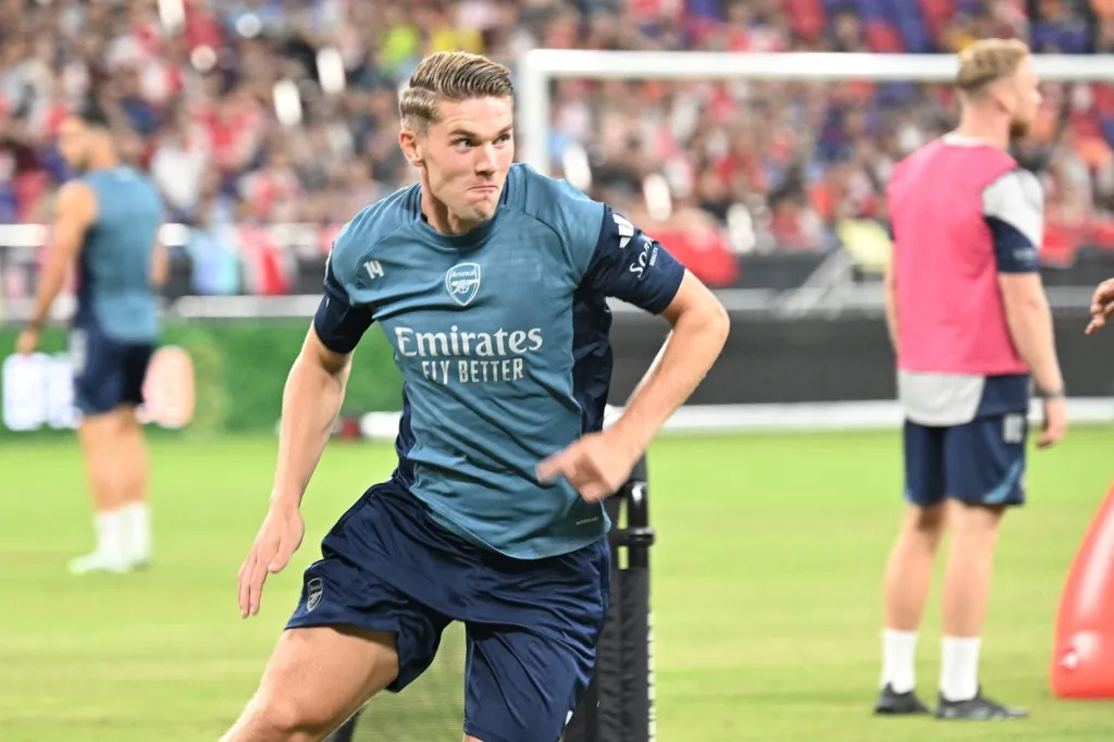 Arsenal forward Viktor Gyökeres takes part in a training session at the Kai Tak Stadium in Hong Kong on July 30, 2025, ahead of a friendly exhibition football match against Tottenham Hotspur which will be played on July 31. (Photo by Peter PARKS / AFP)