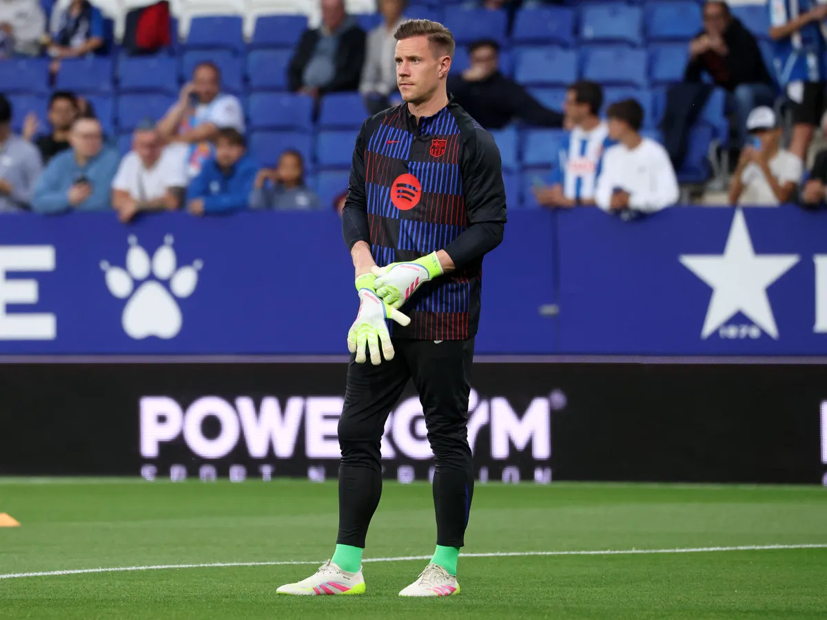 Marc-Andre ter Stegen trains during the match between RCD Espanyol and FC Barcelona in week 36 of LaLiga EA Sports at the RCDE Stadium in Barcelona, Spain, on May 15, 2025. (Photo by Joan Valls/Urbanandsport/NurPhoto) (Photo by Urbanandsport / NurPhoto via AFP)