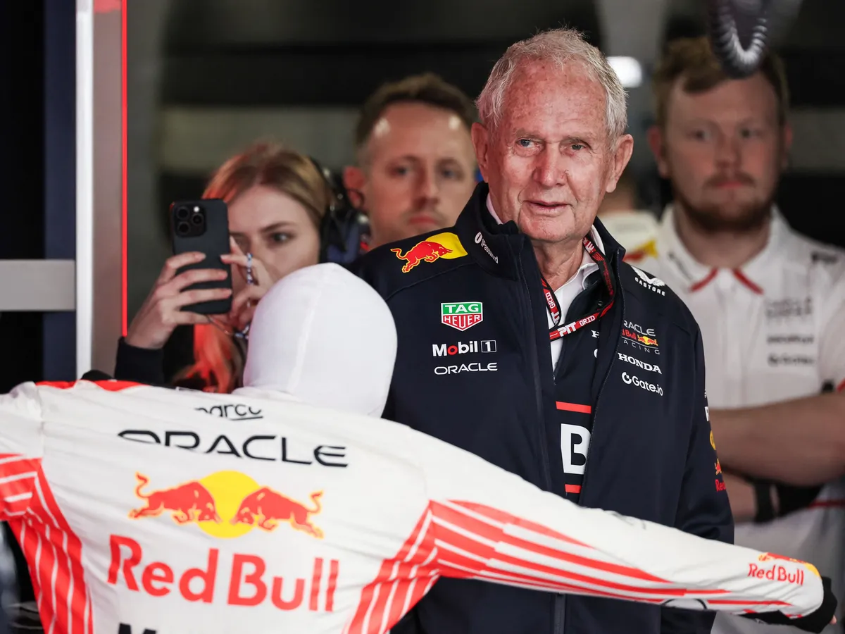 Dr. Helmut Marko of Austria and Oracle Red Bull Racing talks with Yuki Tsunoda of Japan and Oracle Red Bull Racing in the garage during practice ahead of the F1 Grand Prix of Japan at Suzuka Circuit in Suzuka, Japan, on April 4, 2025. (Photo by Qian Jun/Paddocker/NurPhoto) (Photo by Paddocker / NurPhoto via AFP)